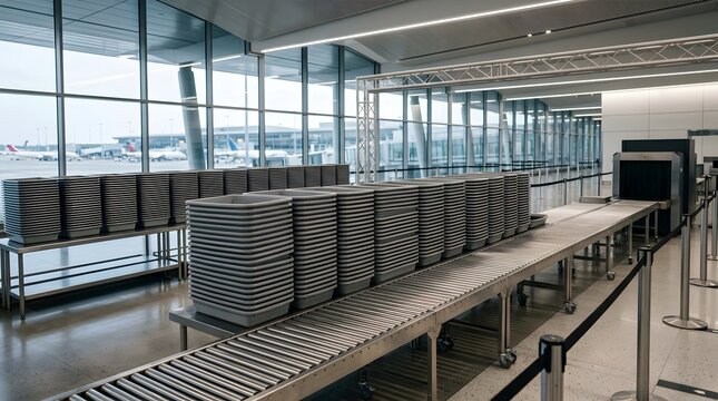 Photorealistic airport security checkpoint preparation area with empty security trays neatly stacked on a conveyor system