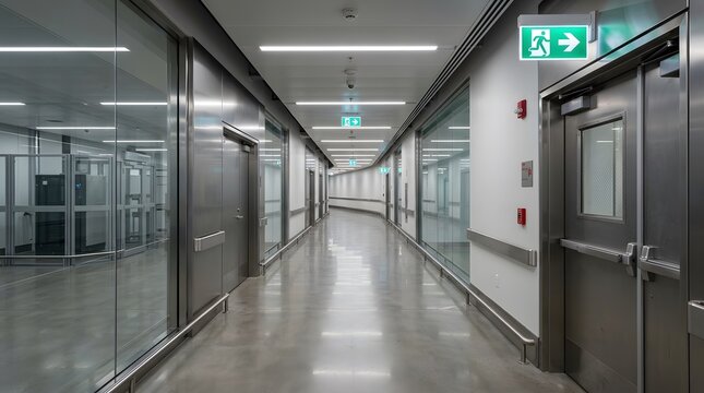 Photorealistic modern airport emergency exit corridor, clean architectural hallway with illuminated emergency exit indicators without readable branding.