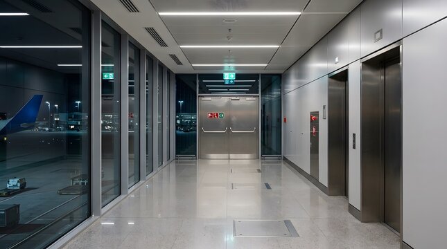 Photorealistic modern airport emergency exit corridor, clean architectural hallway with illuminated emergency exit indicators without readable branding.