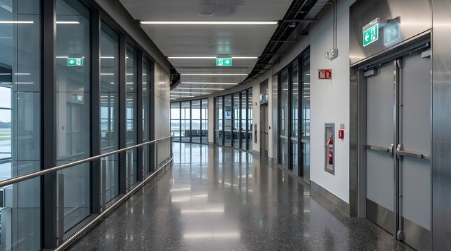 Photorealistic modern airport emergency exit corridor, clean architectural hallway with illuminated emergency exit indicators without readable branding.