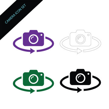 Camera rotation 360 degree panoramic vector icon symbol illustration
