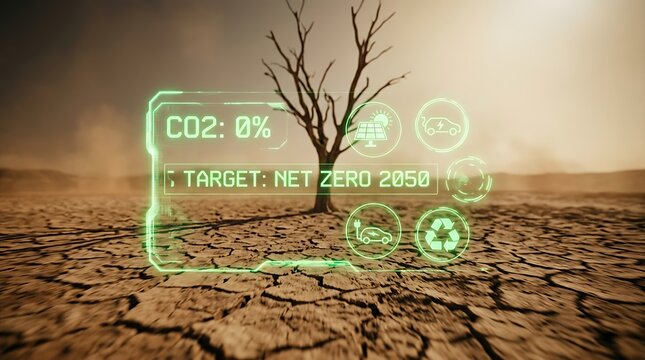 Dead tree in cracked desert landscape with digital interface