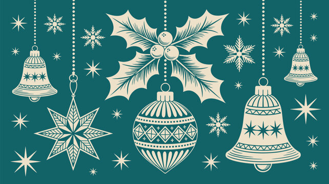 Vintage christmas ornaments collection with holly, bells, and stars on a teal background, festive holiday vector illustration for seasonal greeting card design