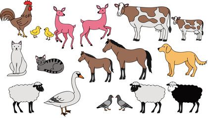 Obraz premium Cute domestic and farm animals vector set isolated on white background. Flat illustration of cow, horse, sheep, dog, cat, deer, rooster, duck, and birds.