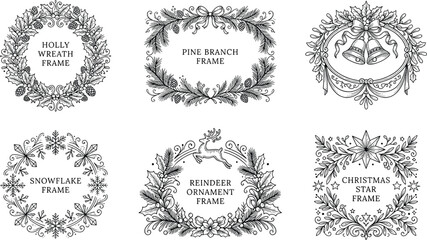 Fototapeta premium Vintage Christmas frame vector collection, black line art holiday wreath borders set, holly pine reindeer ornaments for greeting cards