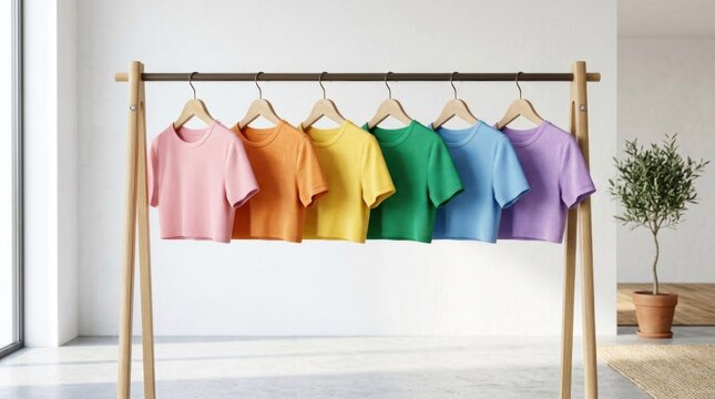 A wooden rack with six colorful t-shirts hanging on it, arranged in a rainbow pattern from left to right: pink, 