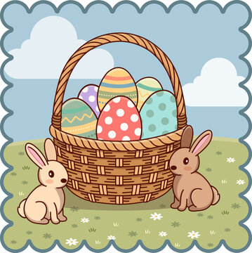 Easter Wicker Basket Filled with Colorful Patterned Eggs and Cute Bunnies Vector Illustration