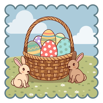 Easter Wicker Basket Filled with Colorful Patterned Eggs and Cute Bunnies Vector Illustration