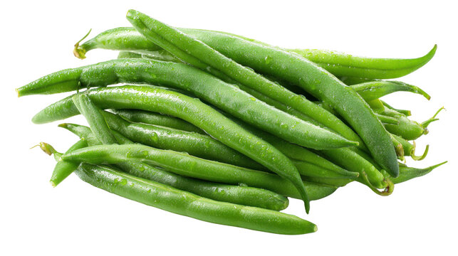 Fresh green beans pile with water droplets showing crisp texture and natural vegetable freshness for healthy cooking on white background