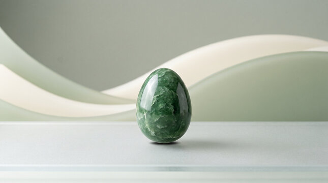 Green marble egg on minimalist table, polished stone sculpture, elegant wellness background