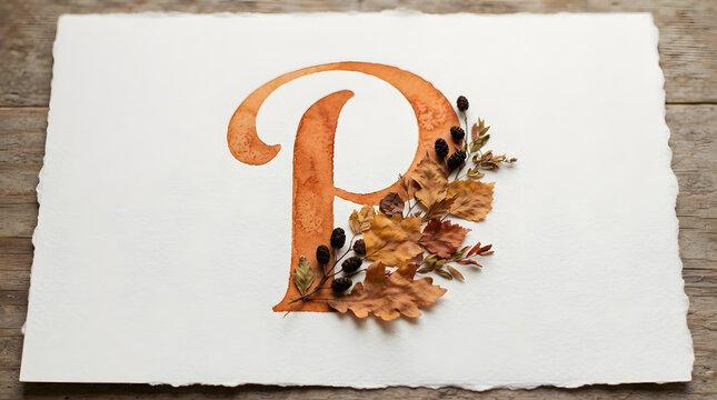 Autumn-themed letter P with leaves and rustic background