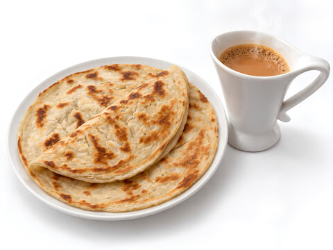 Flaky Paratha Flatbread with Hot Milk Tea on White Background