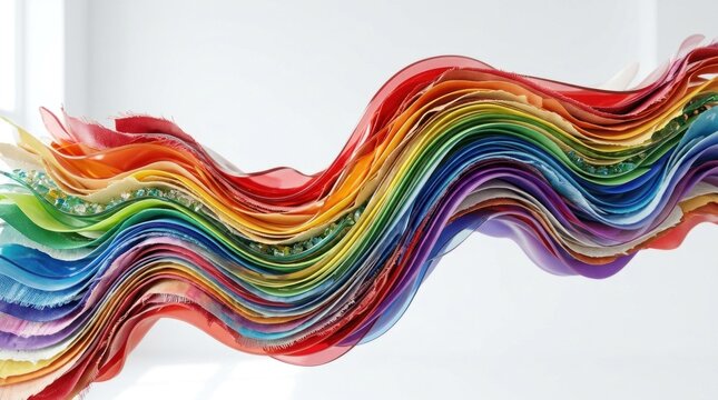 A colorful, abstract wave of fabric in rainbow colors, with a white background and a slight shadow effect.