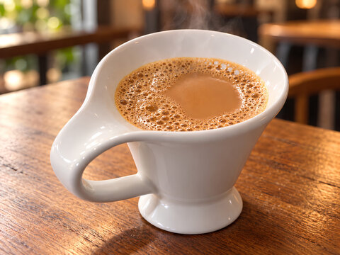 Steaming Milk Tea in White Cup on Rustic Wooden Table