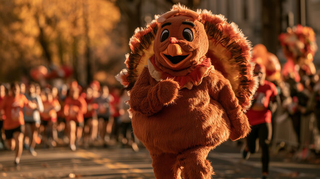 Person Wearing a Festive Thanksgiving Turkey Mascot Costume Running in an Outdoor Charity Marathon Event During an Autumn Morning