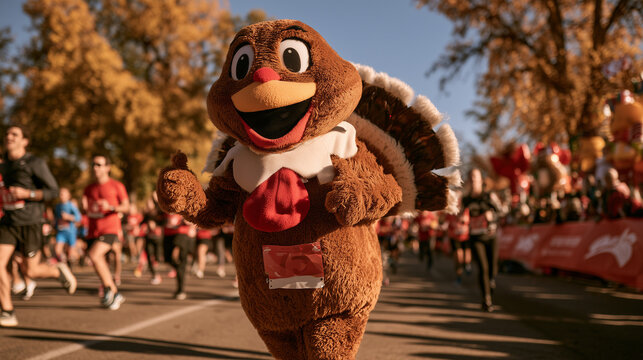 A cheerful turkey mascot participates in an annual autumn holiday charity fun run event surrounded by many runners on a sunny road