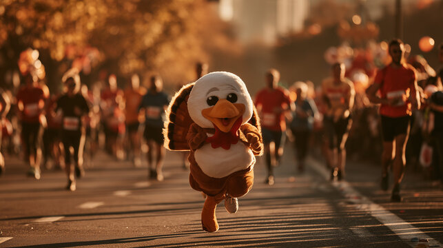 Energetic Thanksgiving Turkey Mascot Running In A Charity Marathon Race Among A Group Of Athletic Participants On A Sunny Autumn Morning Road