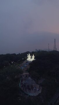 Vertical Aerial Night View of Kailasagiri Shiva Parvati Statue Visakhapatnam