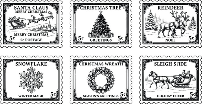 Vintage Christmas postage stamps collection, 6 black and white holiday mail icons, retro engraved winter postage stickers with Santa and reindeer