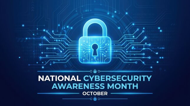 National cybersecurity awareness month concept with digital lock and circuit board background