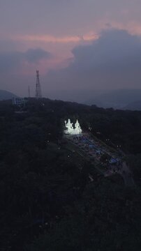 Vertical Aerial Night View of Kailasagiri Shiva Parvati Statue Visakhapatnam