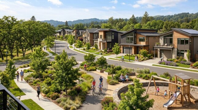 A serene suburban neighborhood with a playground, lush greenery, and a mix of modern and traditional homes.