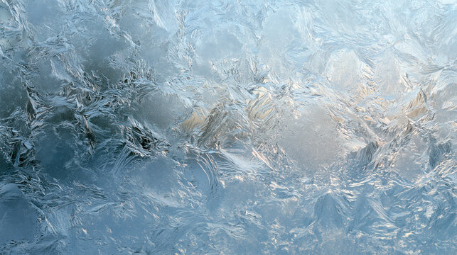 Intricate frost crystal patterns on a cold winter windowpane with morning light   