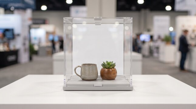 Transparent portable display case with small plant and mug on white table at a modern trade show eve