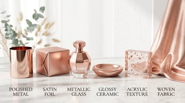 A collection of rose gold and metallic objects, including a perfume bottle, a candle holder, a bowl, and a box, arranged on a marble surface with a soft, flowing fabric in the background.