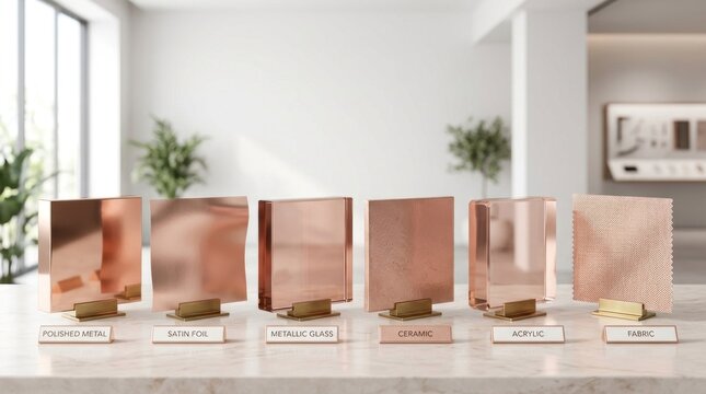 A row of six copper-colored objects, each with a different texture and finish, placed on a marble countertop in a modern kitchen setting.