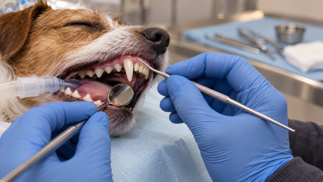 Veterinarian probing a dog's gums during periodontal examination