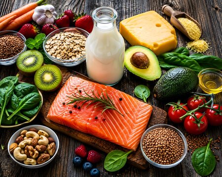 Healthy meal components including salmon, dairy, grains, and fresh produce arranged on wooden surface ai