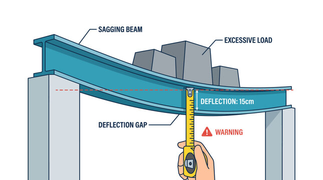 Illustration of an I-beam sagging under excessive load, showing 15cm deflection measured by a tape, highlighting structural failure warning.