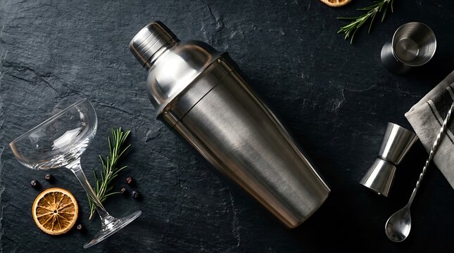 Metal cocktail shaker with martini glass and bar tools on a dark black stone table surface. cocktail shaker mockup