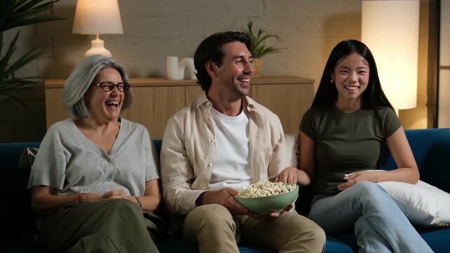 Grandmother, father, and adopted daughter enjoying a movie night with popcorn on the sofa at home