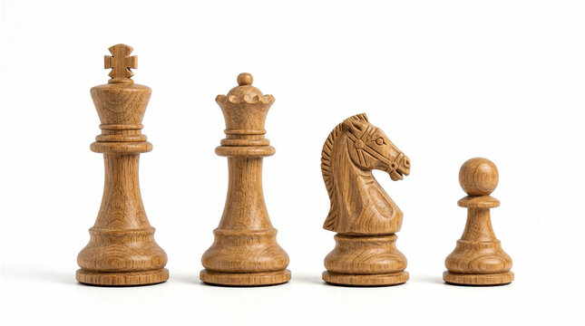 A row of classic wooden chess pieces including the king, queen, knight, and pawn on white