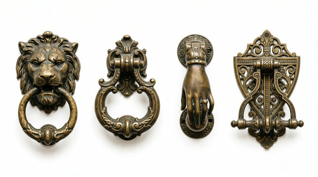 Four ornate antique brass door knockers arranged in a row against a clean white background