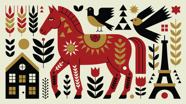 Scandinavian folk art style illustration featuring a dala horse, eiffel tower, birds, and floral motifs in a decorative flat vector design