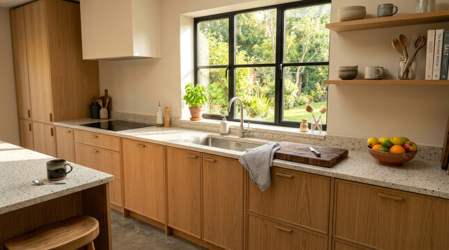 Scandinavian Oak Kitchen with Terrazzo Counter and Garden View