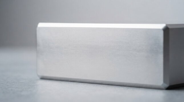 A sleek, metallic rectangular object with a smooth, reflective surface, placed on a smooth, grey surface with a subtle shadow cast on it.