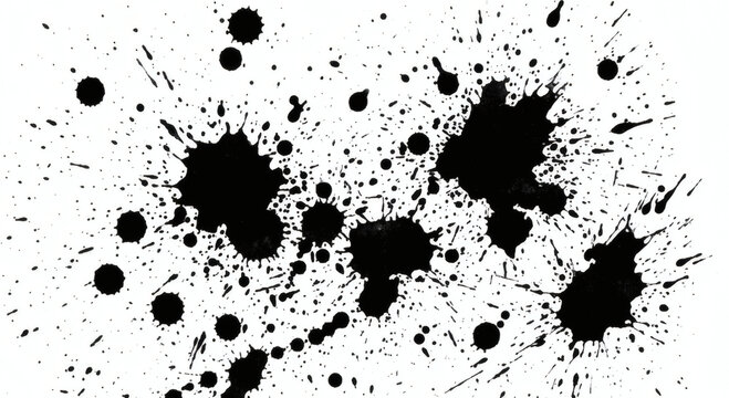 an abstract ink splatter texture, black ink drops and splashes on white background