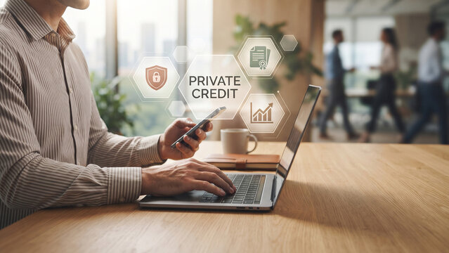 Professional man working on laptop and phone with private credit text and icons panels, loan agreement, investment strategy
