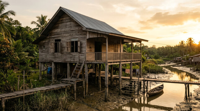 Wooden Stilt House on Riverbank at Golden Hour with Boat