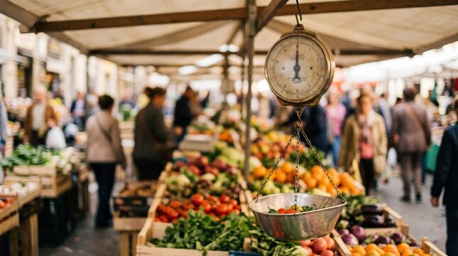 Hanging market scale above a wooden produce counter