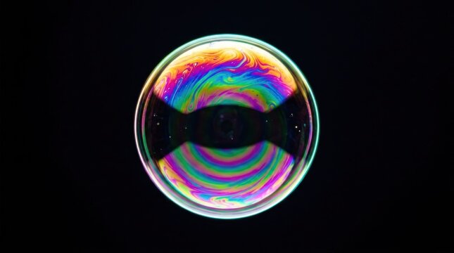 A colorful, iridescent soap bubble against a black background, with a rainbow-like pattern and a green rim.