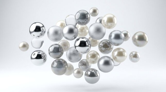 A collection of silver and white spheres, some with reflections, against a neutral background.
