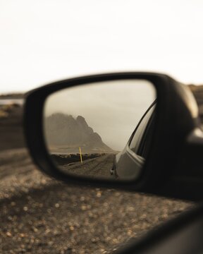 Vestrahorn mountain in the side mirror of Auto, H&ouml;fn, Iceland