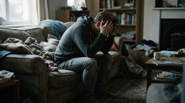 A man sitting on a couch with his head in his hands, surrounded by clutter and a messy living room.