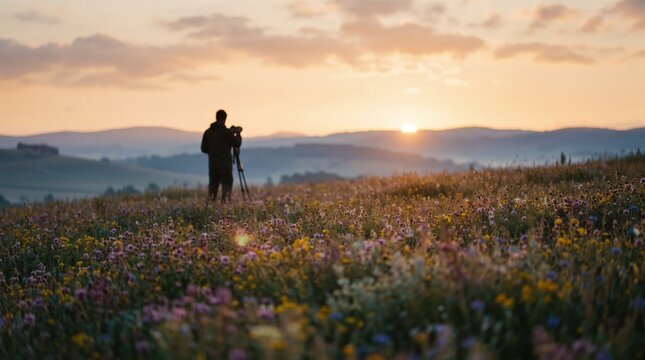 Photographer using a tripod in a flower meadow in a bright interior