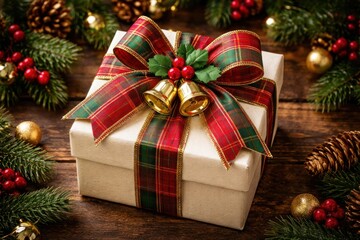 Obraz premium Festive gift with plaid ribbon.